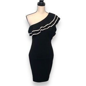 Miao Miao One Shoulder Ruffle Bodycon Mini Dress Black White Trim NWT Size Large